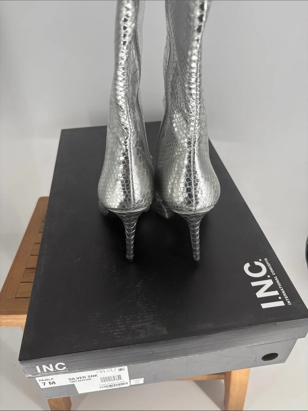 NEW INC Silver Snake-Embossed Knee-High Stiletto Boots size 7M